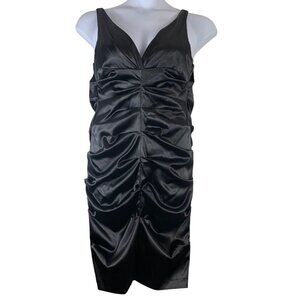 Vintage Dress Size 6 Black Satin Ruched V Neck Blondie Nites Linda Bernell